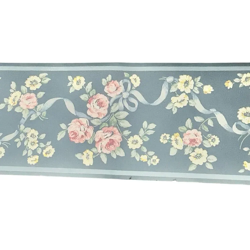 Vintage Thomas Strahan Floral Wallpaper Border Blue Roses Ribbon 5 Yards USA NOS